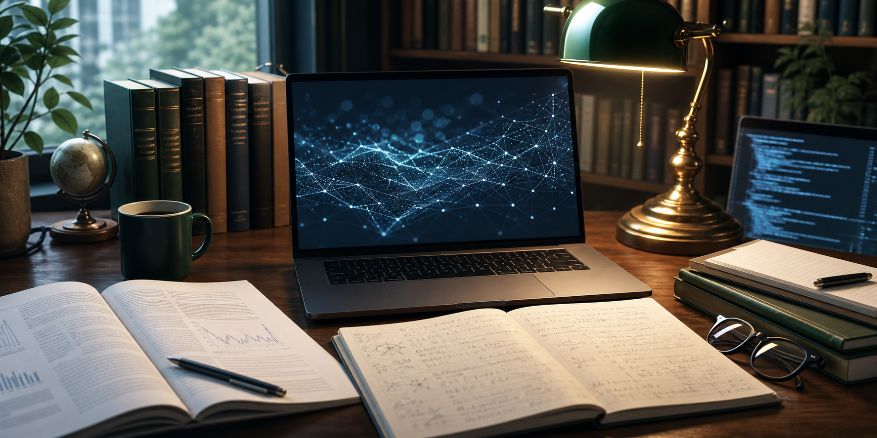 Academic research desk with AI-assisted economics tools